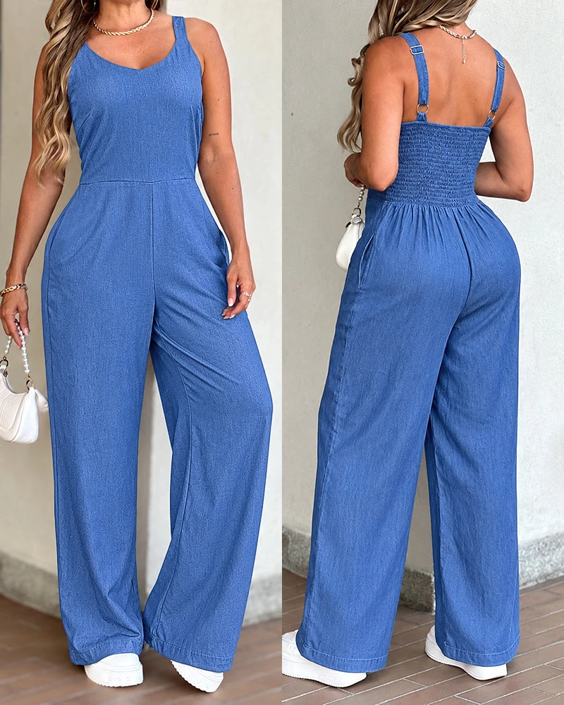 V-Neck Adjustable Thick Straps Denim Overalls Casual Shirred Back Wide Leg Suspender Jumpsuit